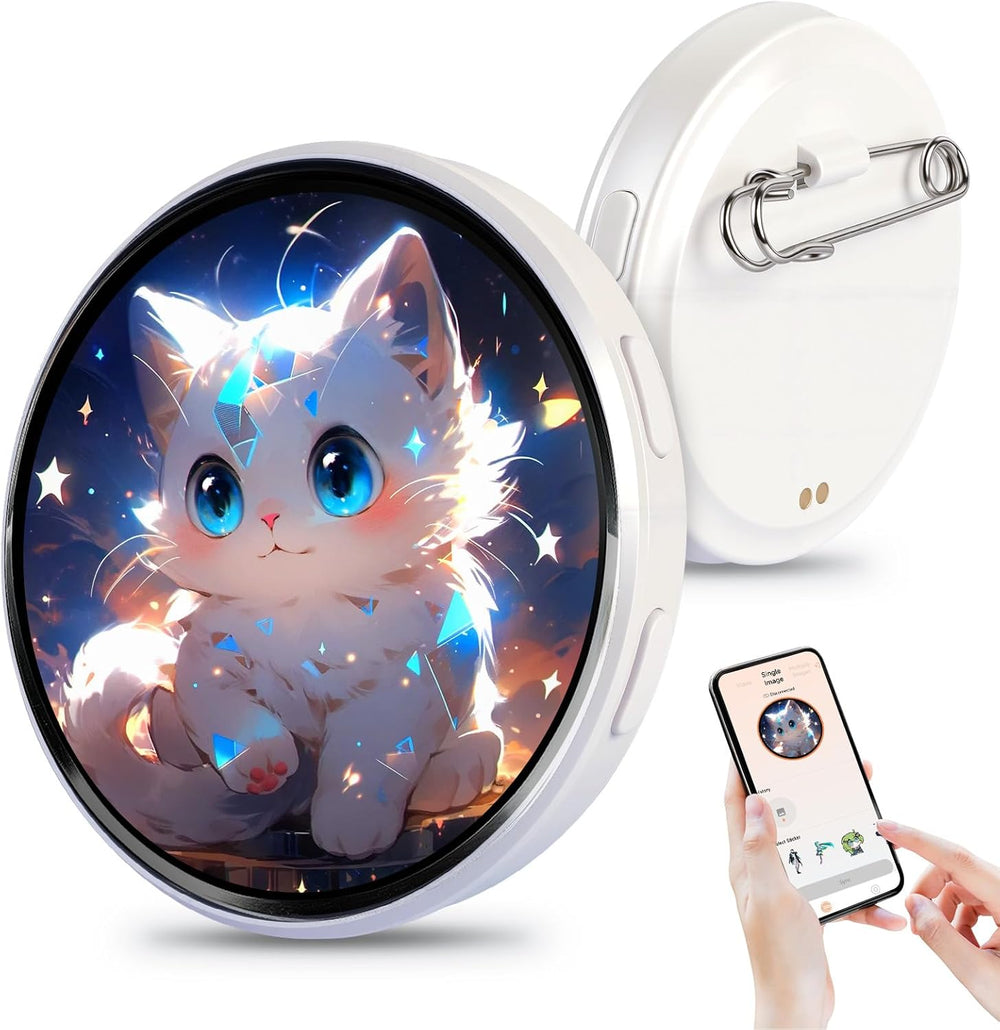 Nansike digital badge pin front view displaying a vibrant pixel screen cat image on a backpack
