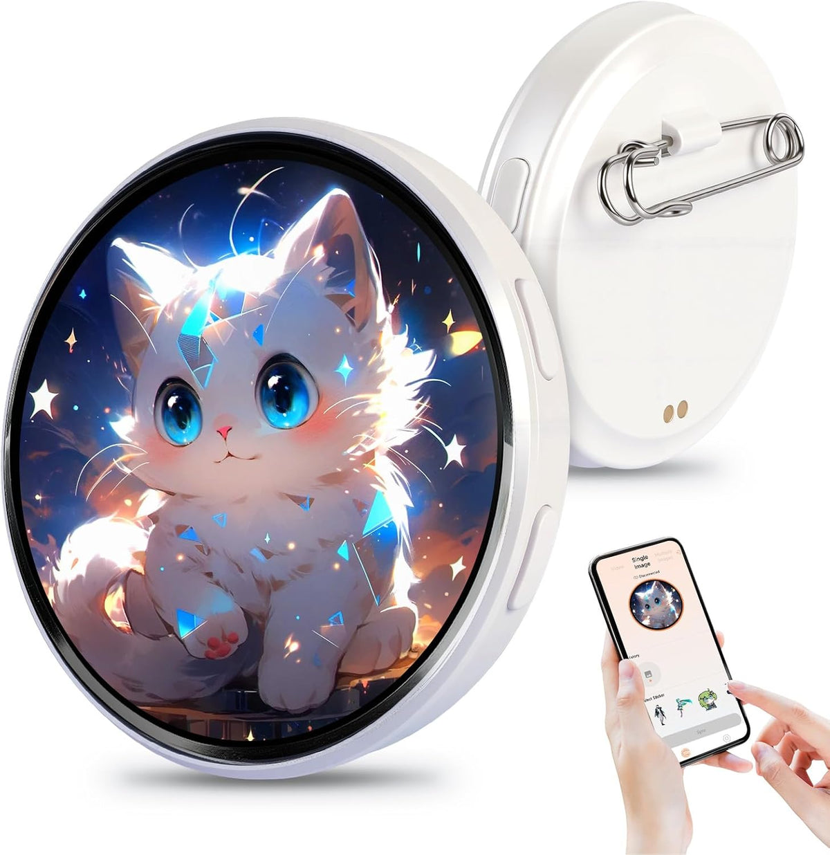 Nansike digital badge pin front view displaying a vibrant pixel screen cat image on a backpack