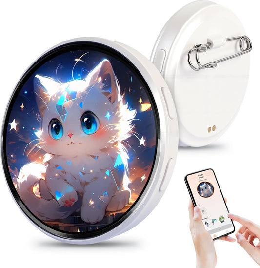 Nansike digital badge pin front view displaying a vibrant pixel screen cat image on a backpack