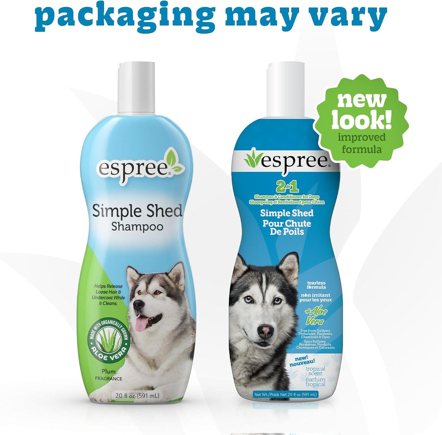 Back label of Espree de-shedding dog wash showing ingredients and dilution instructions.