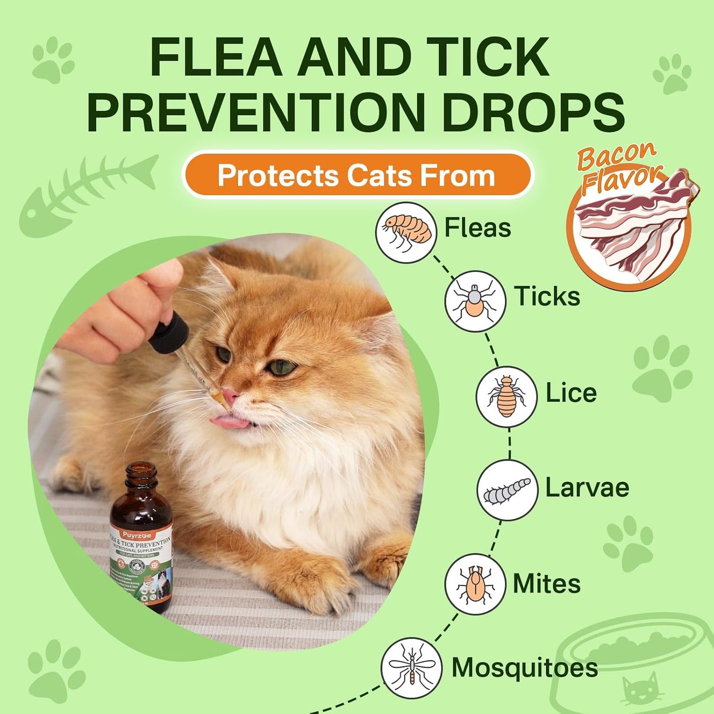 Puyrzoe natural pet supplement back label showing weight based dosage guidelines for cats