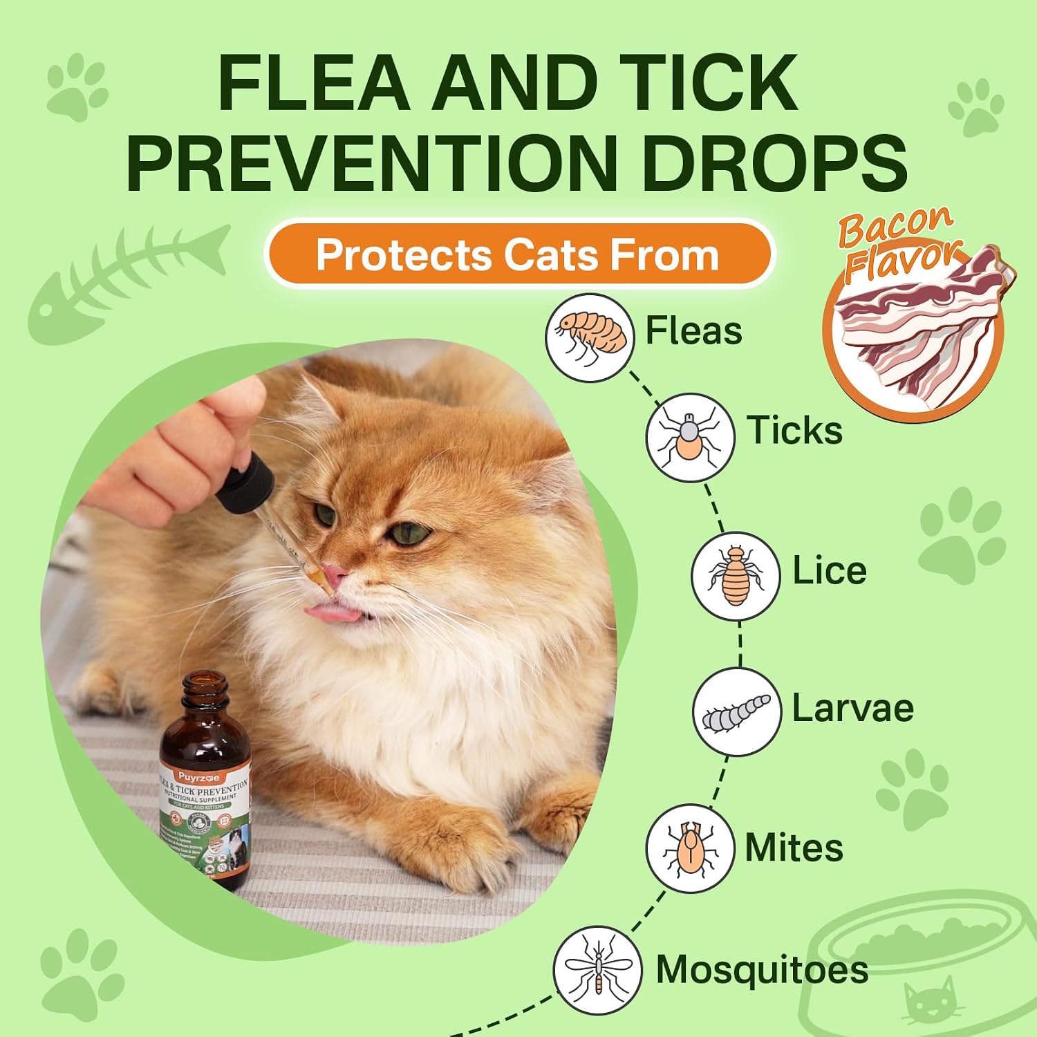 Puyrzoe natural pet supplement back label showing weight based dosage guidelines for cats