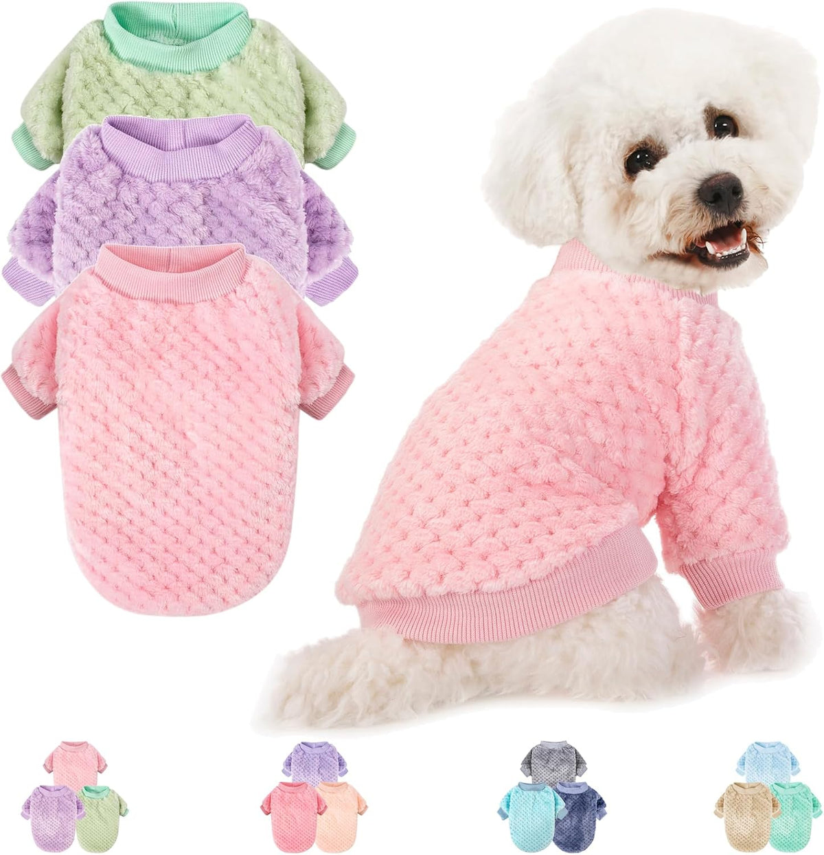 POMIU dog sweater pack of 3 front view pink purple green flannel pet clothes.