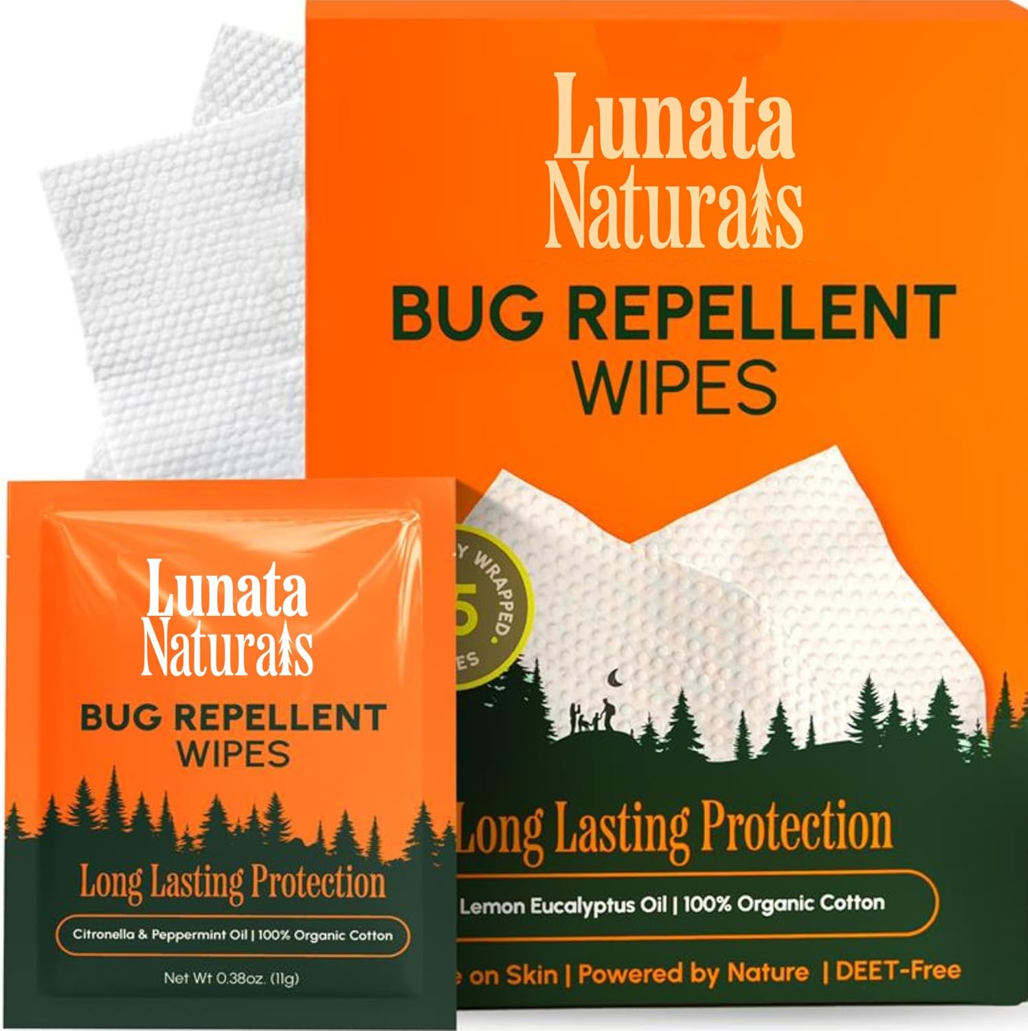 Luna Naturals Bug Repellent Wipes front view premium packaging