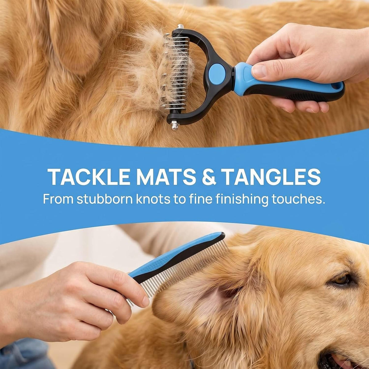 Close up of 17 plus 9 stainless steel teeth on grooming tool