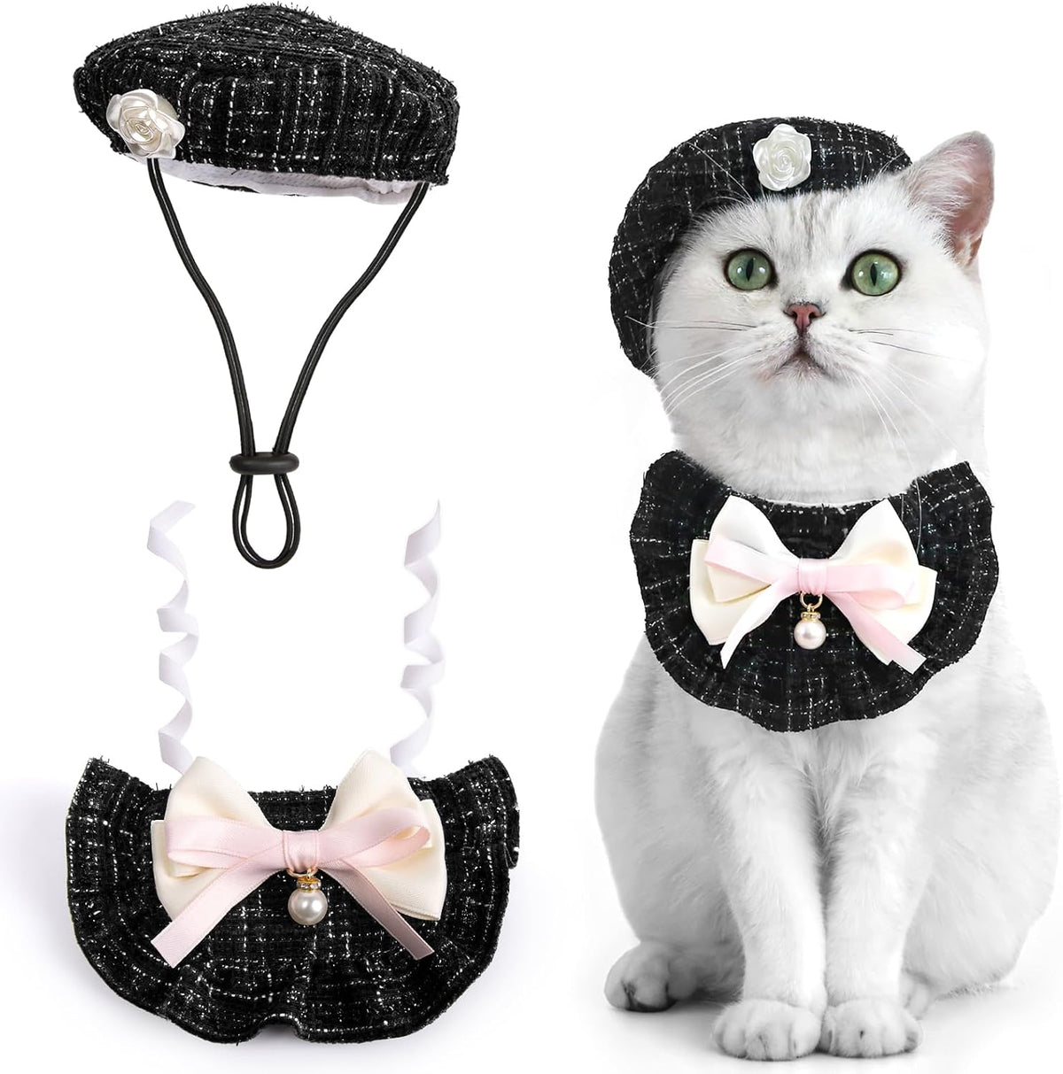 HOWWFALY 2PCS Cat Beret Hat with Small Camellia, Adjustable Satin Bowtie Bandana Scarf Set Pet Princess Costume for Halloween Christmas, Cat Dog Birthday Party Apparel (Pink Bow) - Image 12