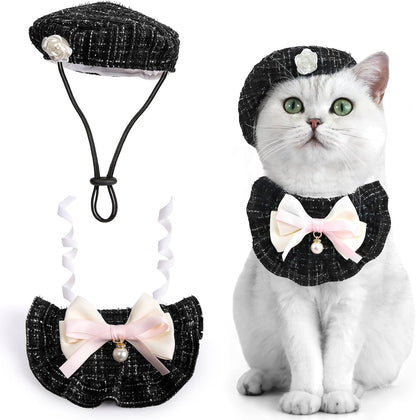 HOWWFALY 2PCS Cat Beret Hat with Small Camellia, Adjustable Satin Bowtie Bandana Scarf Set Pet Princess Costume for Halloween Christmas, Cat Dog Birthday Party Apparel (Pink Bow) - Image 12