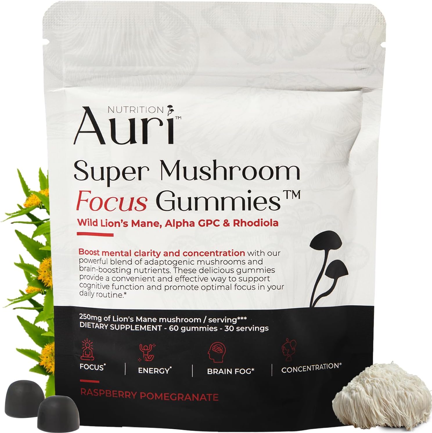 Auri Nutrition Super Mushroom Focus Gummies front view pouch for cognitive support