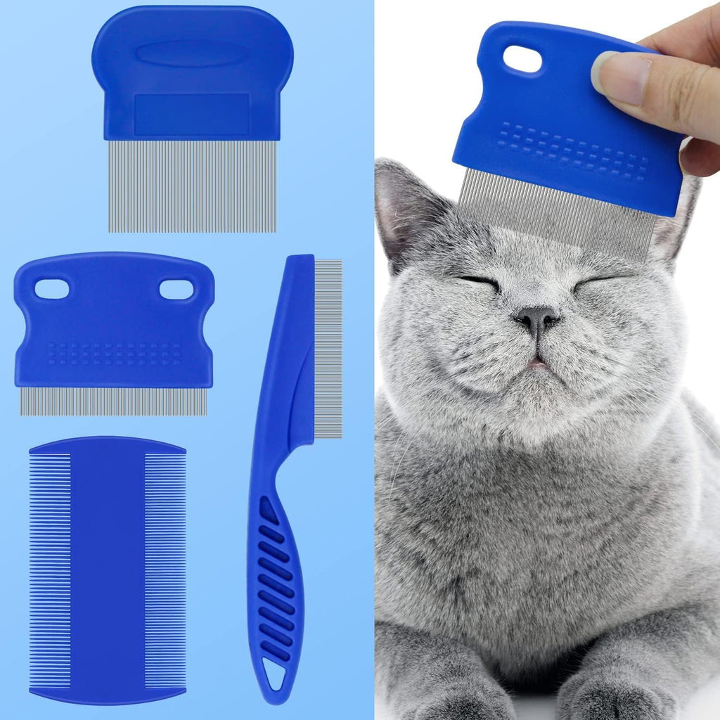 FUYIHGL 4-in-1 pet comb set front view showing four professional blue grooming tools for dog and cat flea removal.