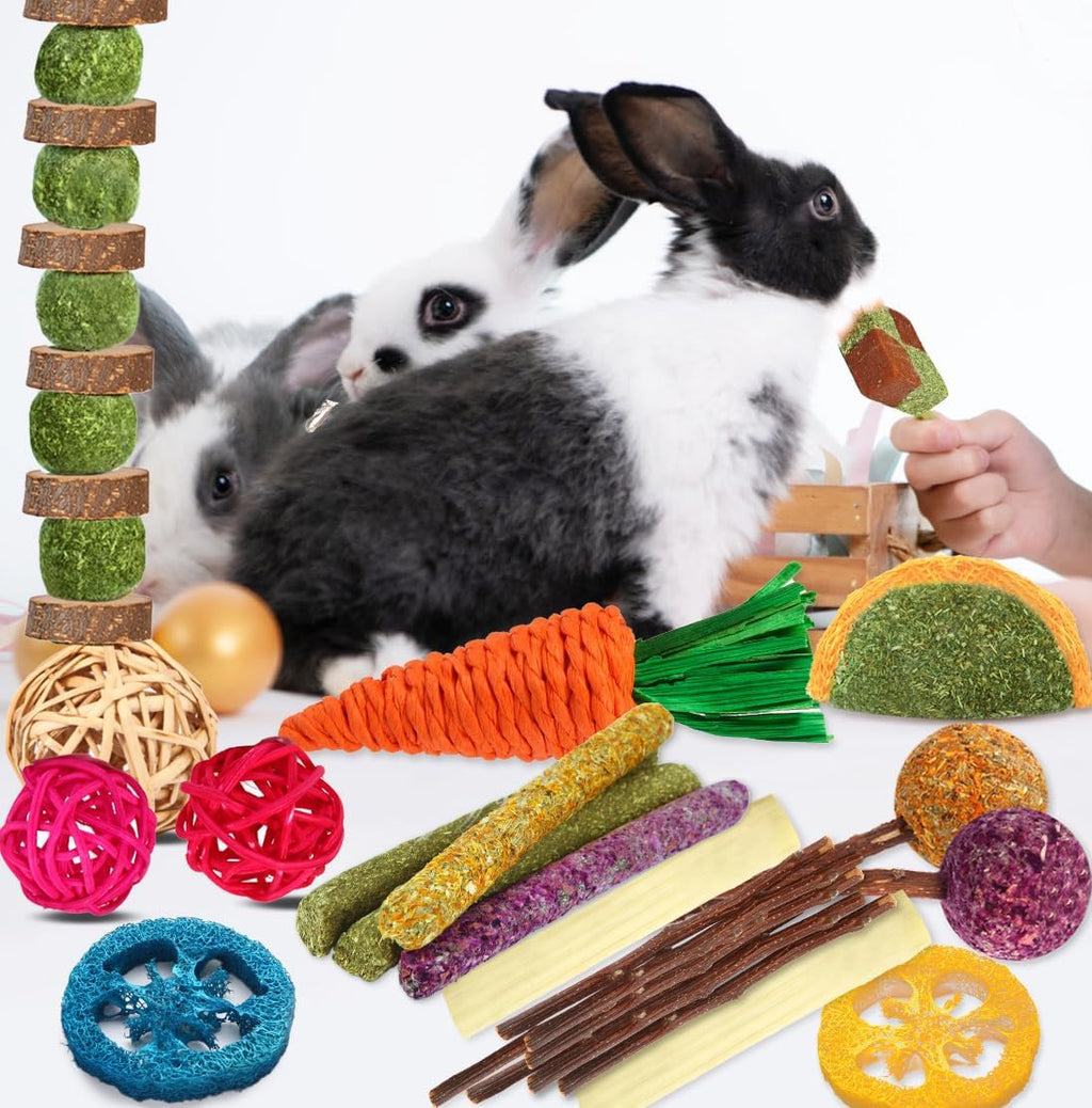 Handmade chew toys for hamsters and chinchillas distributed on flat surface