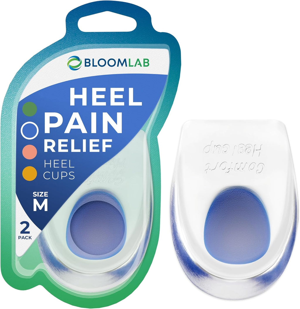 BloomLab Gel Heel Pads front view showing blue medical grade silicone texture.