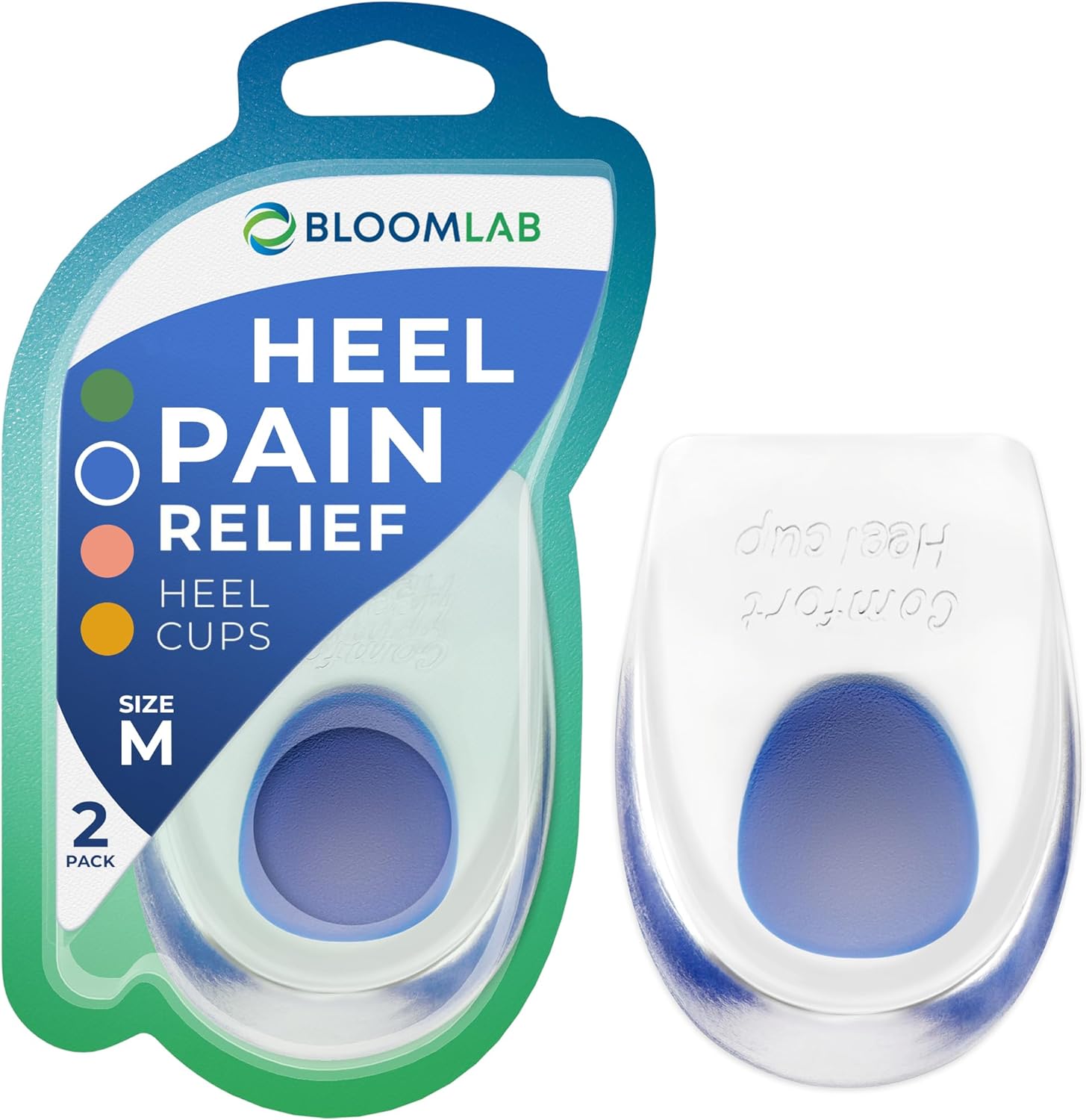 BloomLab Gel Heel Pads front view showing blue medical grade silicone texture.