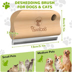 Pawaboo pet grooming comb being used to gently remove loose undercoat fur from a long haired dog.