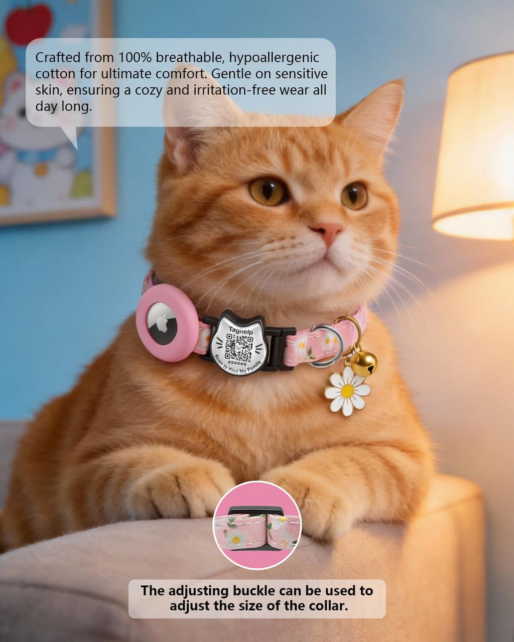 Close up of the pink pastoral style kitten collar displaying the integrated silicone tracking holder.