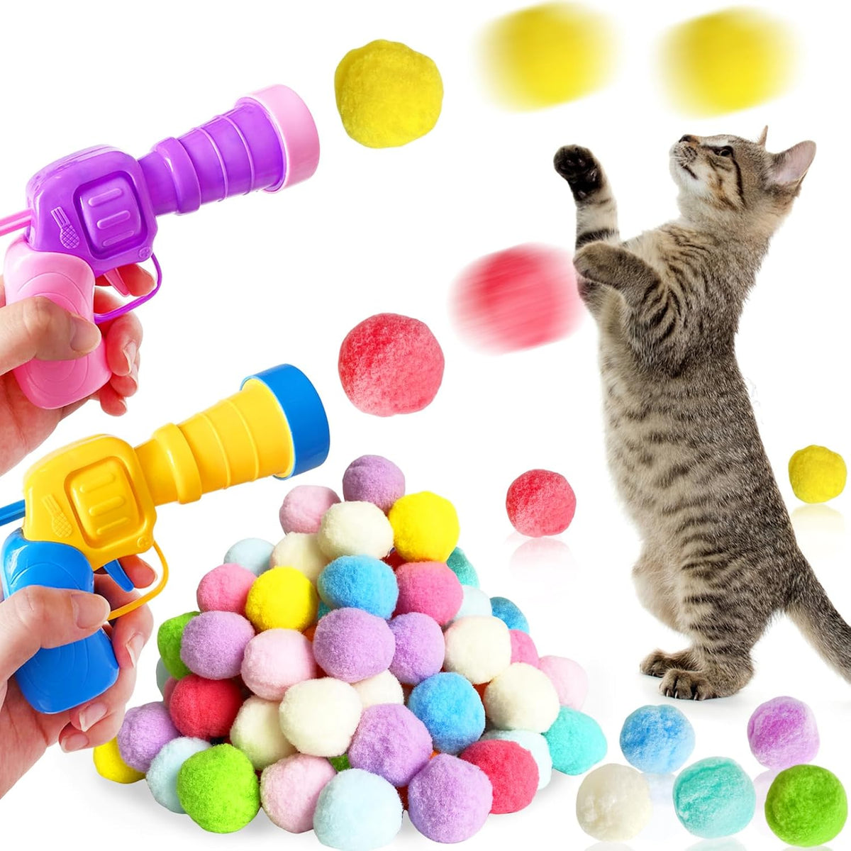 Eerrhhaq cat toy launcher set with 100 pom pom balls