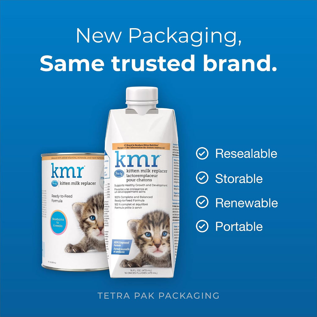 PetAg KMR liquid newborn kitten milk formula sixteen ounce container displaying ingredient facts.