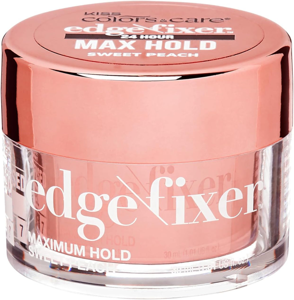 KISS Colors & Care Maximum Hold Edge Fixer Sweet Peach front view of clear jar with rose gold lid
