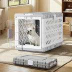 Gardner Pet collapsible dog crate front view showing the secure metal wire door and squeeze-latch locks.