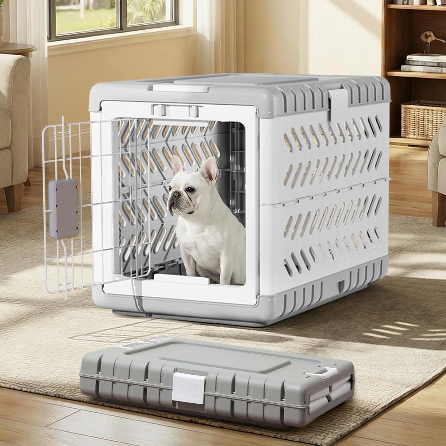 Gardner Pet collapsible dog crate front view showing the secure metal wire door and squeeze-latch locks.