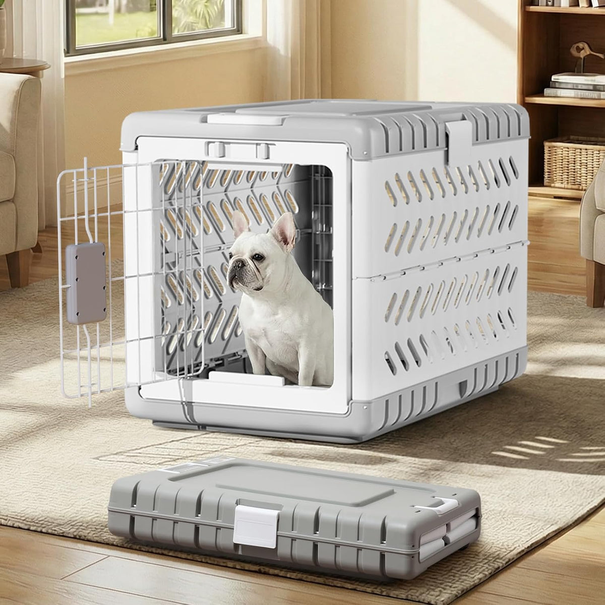 Gardner Pet collapsible dog crate front view showing the secure metal wire door and squeeze-latch locks.