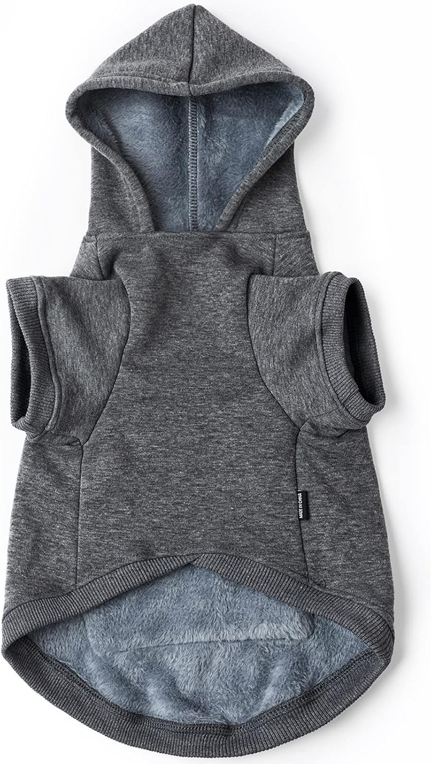 Koneseve grey pet winter clothes showing the plush blue lining inside the hood