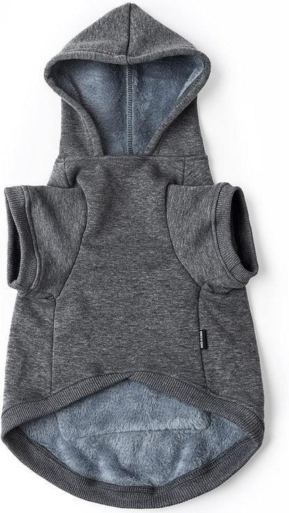 Koneseve grey pet winter clothes showing the plush blue lining inside the hood
