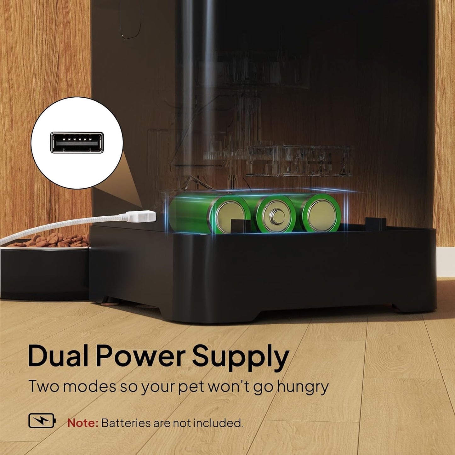 Voluas smart timed cat feeder operating with dual power supply battery backup slot