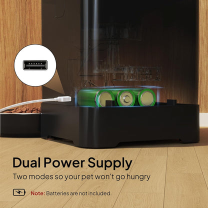 Voluas smart timed cat feeder operating with dual power supply battery backup slot