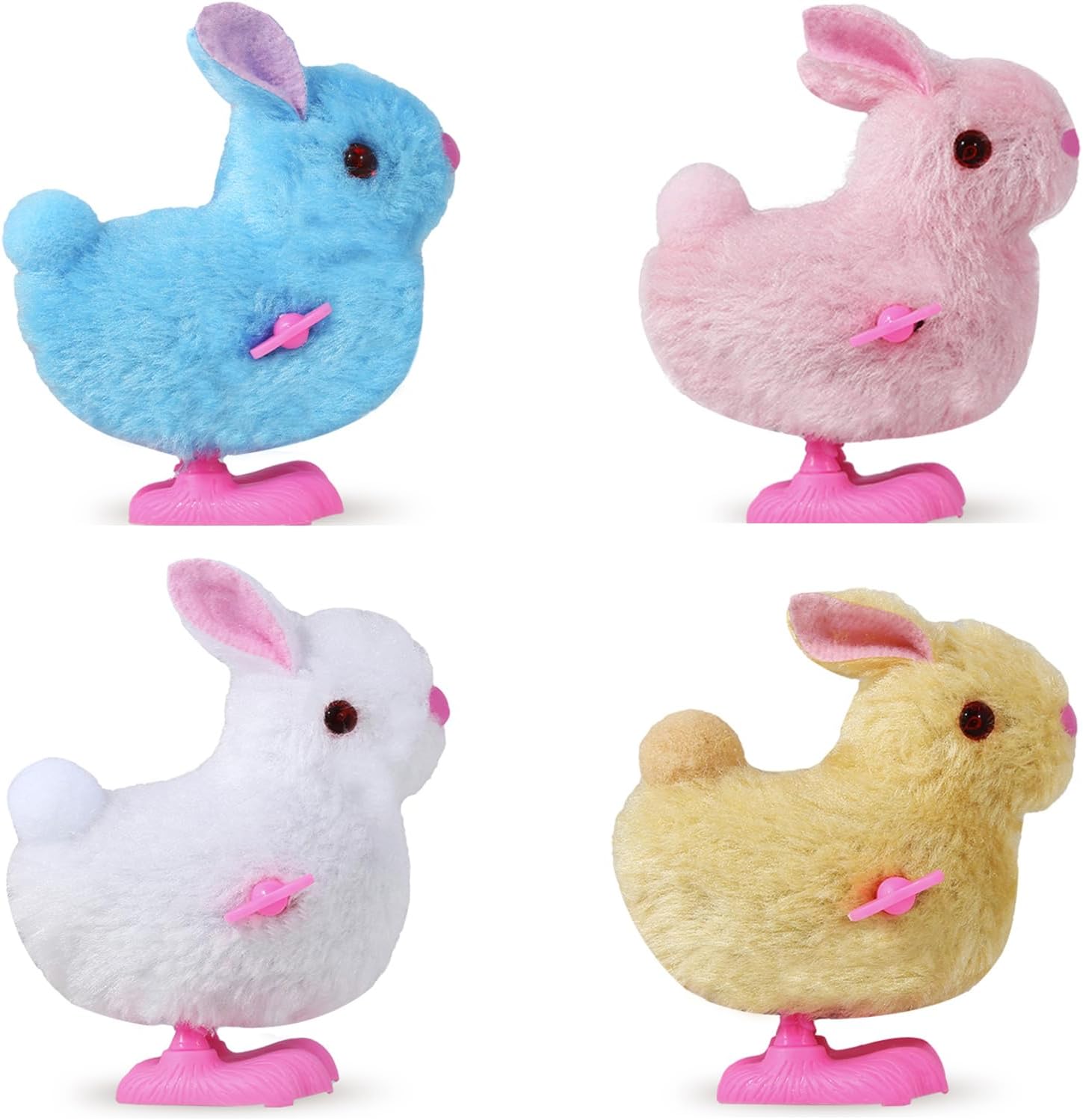 Audaisyly chick bunny wind up toys front view of four colorful plush clockwork jumping animals