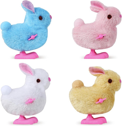 Audaisyly chick bunny wind up toys front view of four colorful plush clockwork jumping animals