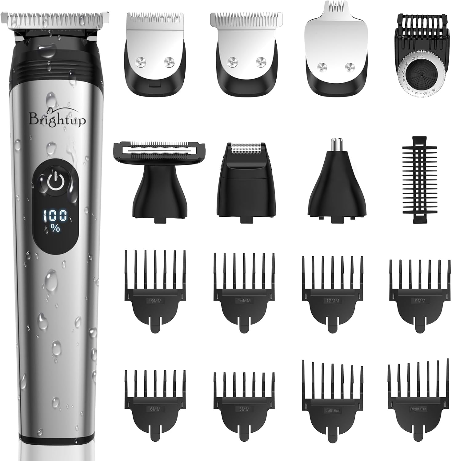 Brightup beard trimmer for men front view showing silver stainless steel finish and digital power display