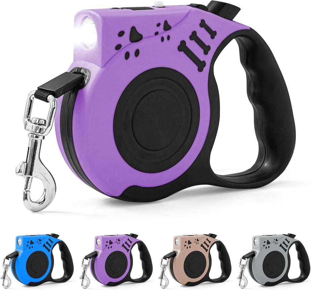 Cosowo retractable dog leash purple with flashlight front view
