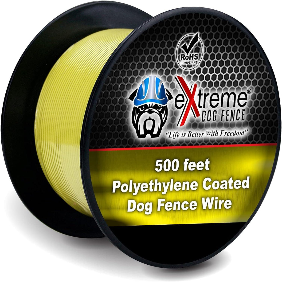 Extreme Dog Fence boundary wire spool front view showing yellow polyethylene jacket.