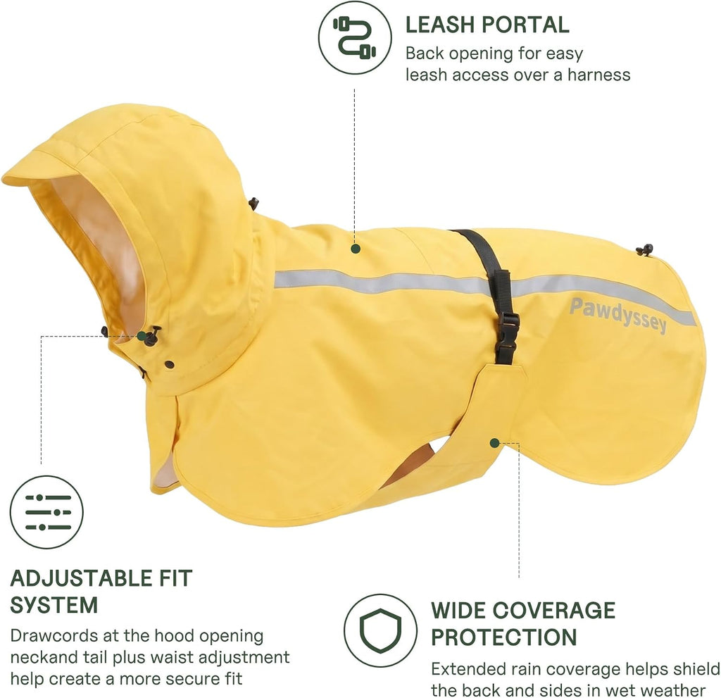 Reflective dog rain jacket showing the high visibility safety strip in dim light.
