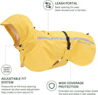 Reflective dog rain jacket showing the high visibility safety strip in dim light.