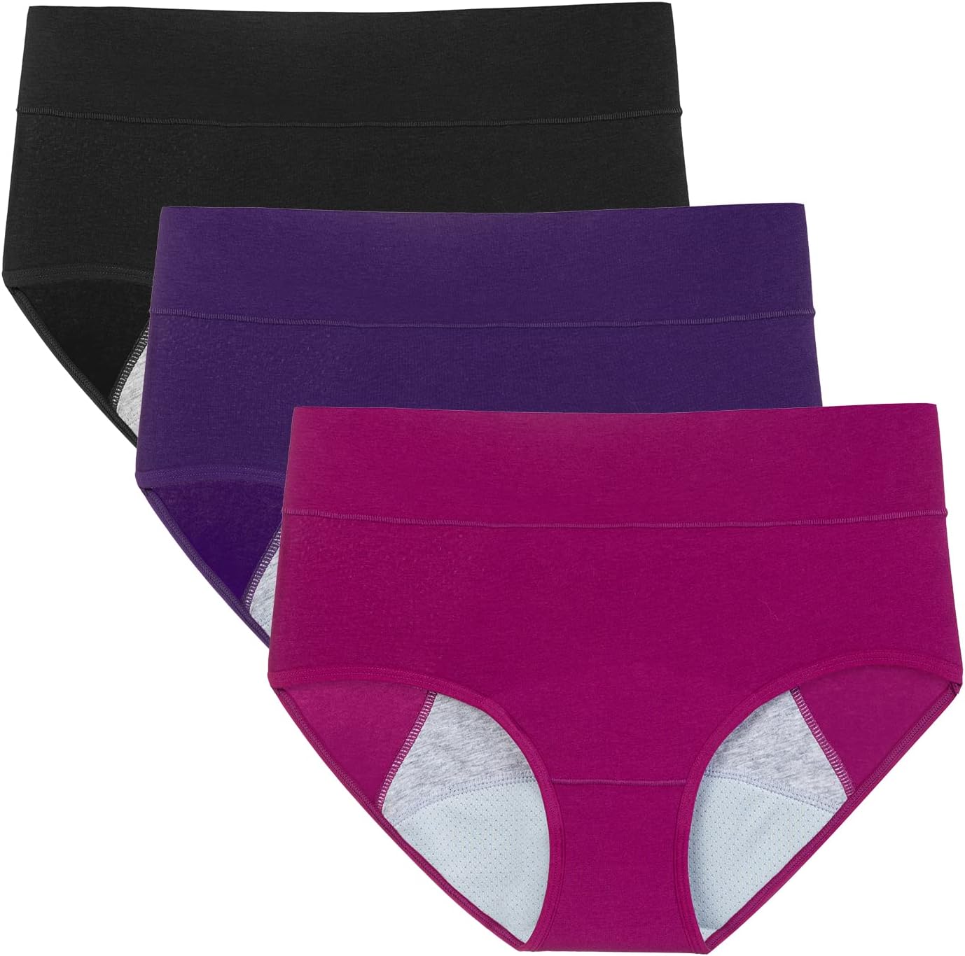 POKARLA Women High Absorbency Period Cotton Underwear front view showing high-waisted wide elastic waistband layout