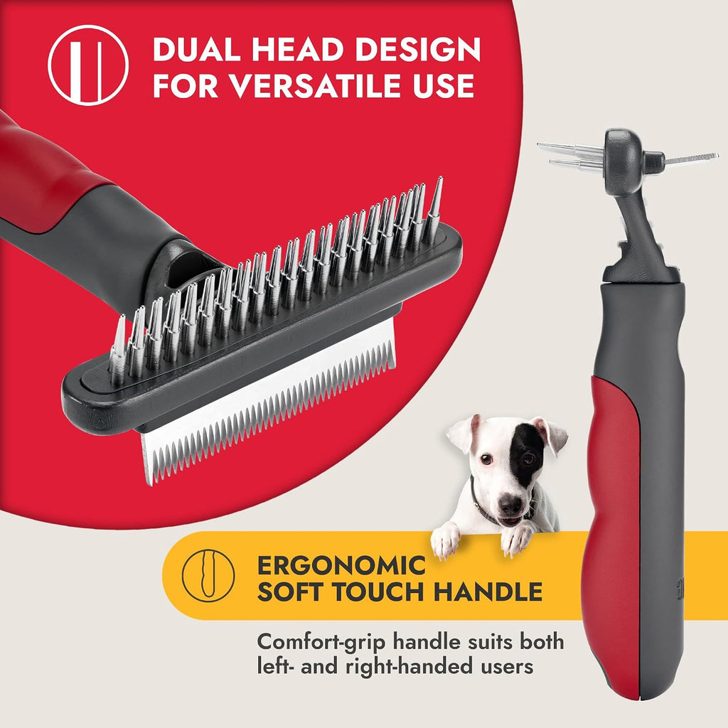 KONG dual sided detangling brush showing the integrated metal deshedding blade side