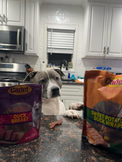 Cadet dog treat bag showing 28 ounces weight label