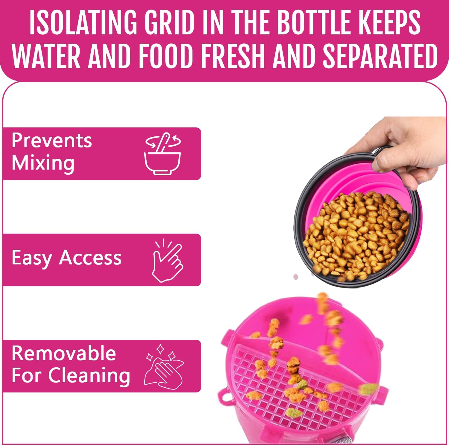 Compact pink pet travel cup showing the isolation net on the dry food compartment