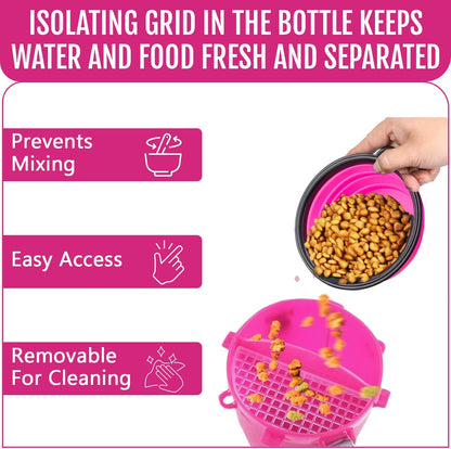 Compact pink pet travel cup showing the isolation net on the dry food compartment