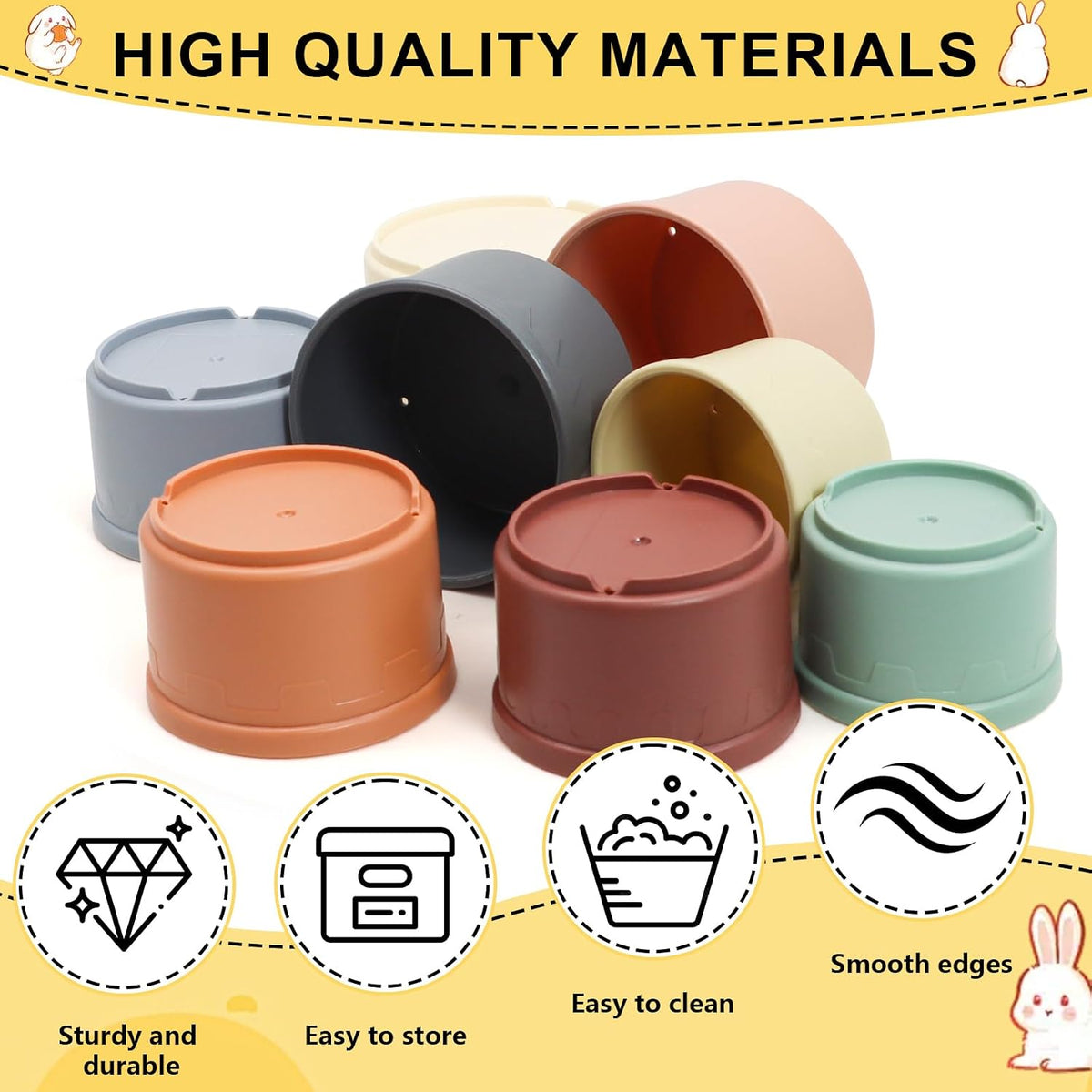 Reusable plastic guinea pig stacking cups spread out showing different sizes for hiding food