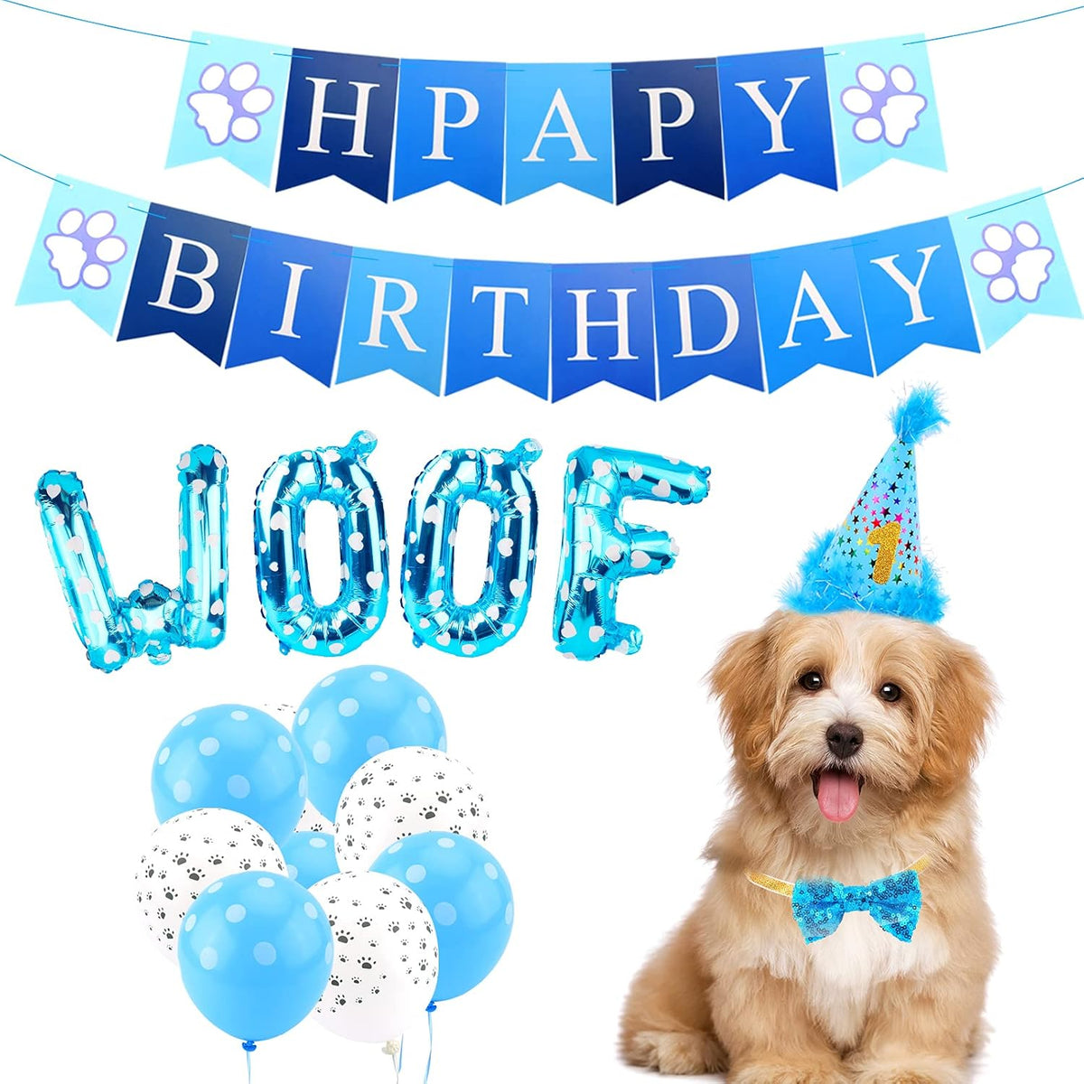 Small puppy wearing the adjustable blue birthday bandana and hat combo.
