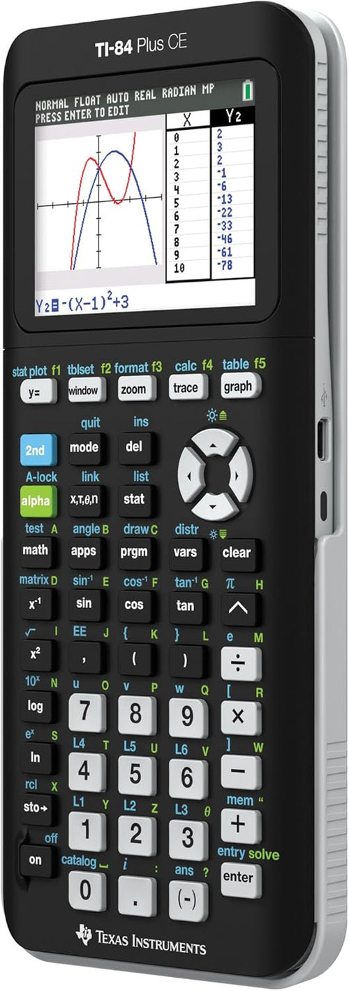 Sleek black Texas Instruments advanced graphing calculator side view emphasizing slim design