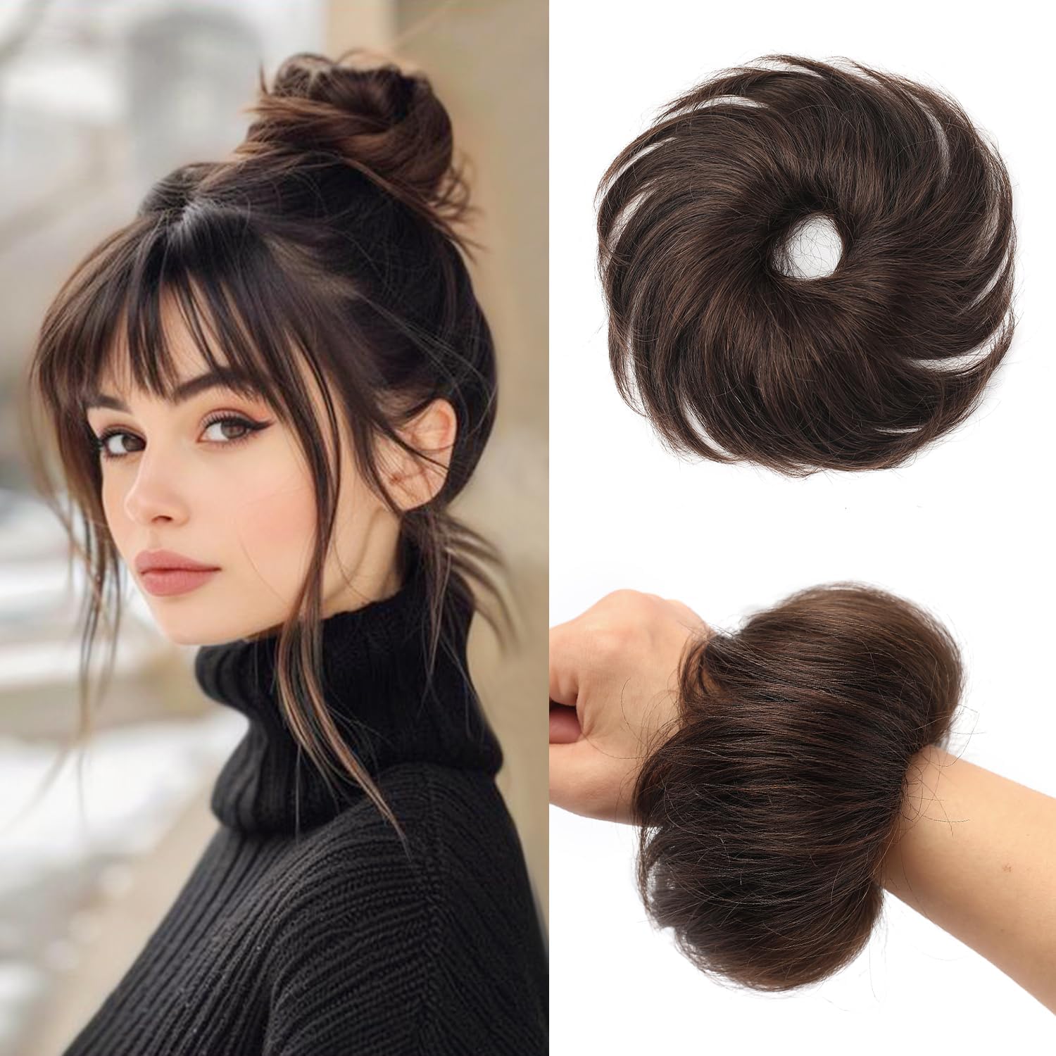 FGZJMAE messy bun hair piece front view real human hair extension