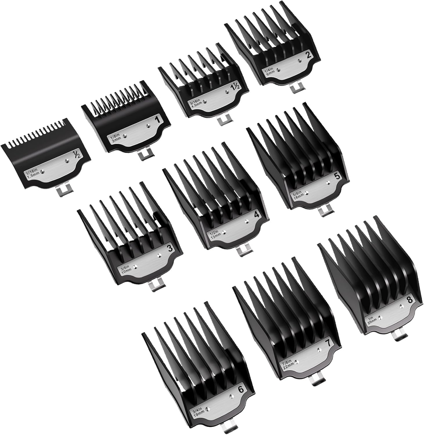 CR8GR8 professional clipper guards set front view showing ten multi colored cutting guides arranged neatly