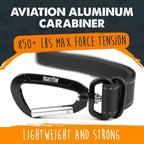 Close up of aviation grade aluminum carabiner on dog seat belt