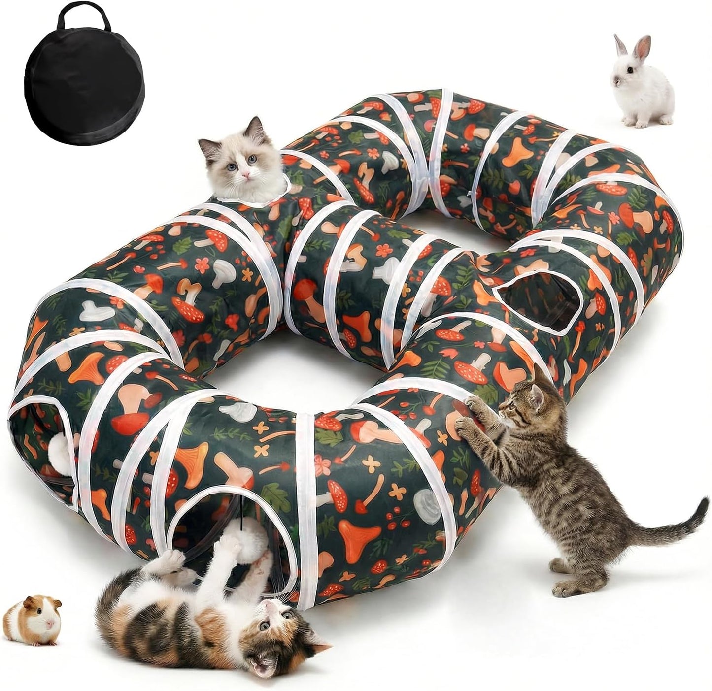 Cpvbobul 8-shaped cat play tunnel front view showing mushroom print and hanging play ball.