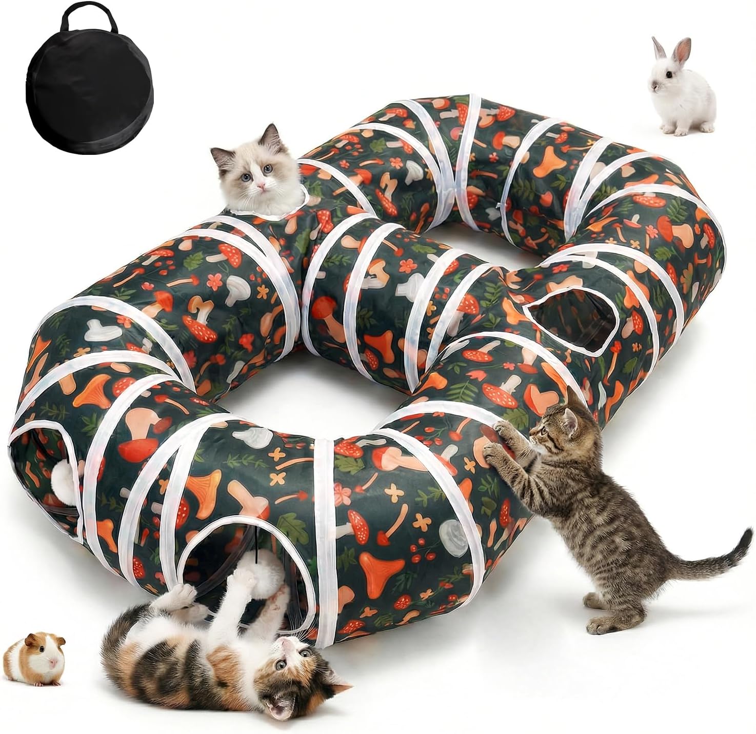 Cpvbobul 8-shaped cat play tunnel front view showing mushroom print and hanging play ball.