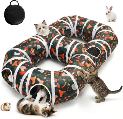 Cpvbobul 8-shaped cat play tunnel front view showing mushroom print and hanging play ball.