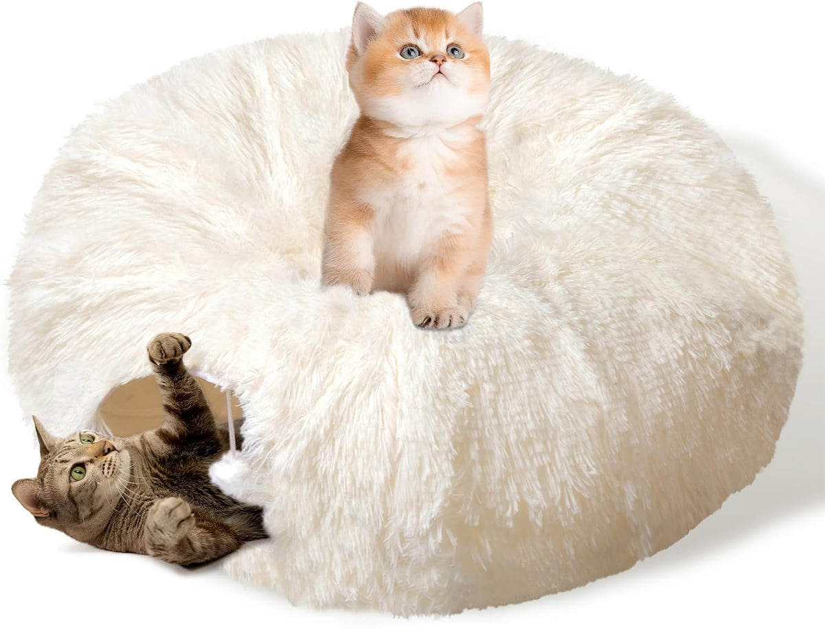 Cat Tunnel Bed for Indoor Cats, Peekaboo Cat Cave with Washable Soft Play Mat, Furry Cat Tube, for Kitten/Puppy/Rabbit, Grey - Image 10